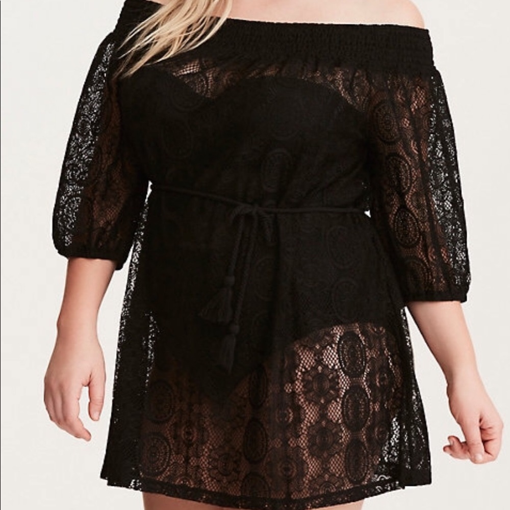 torrid Black Off-Shoulder Lace Swim Coverup
